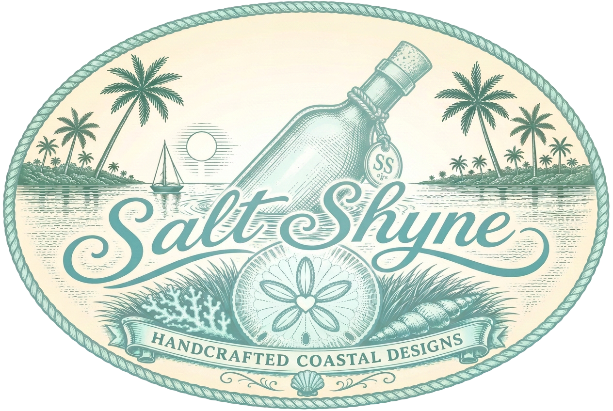 Salt Shyne coastal badge with bottle, palms, sand dollar, and shells