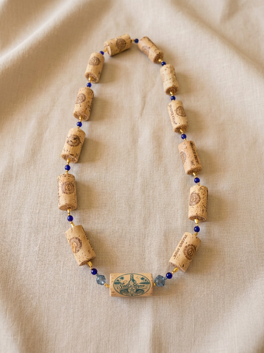 Handmade Coastal Collection cork necklace with wine corks, gold spacers, and blue glass beads on linen