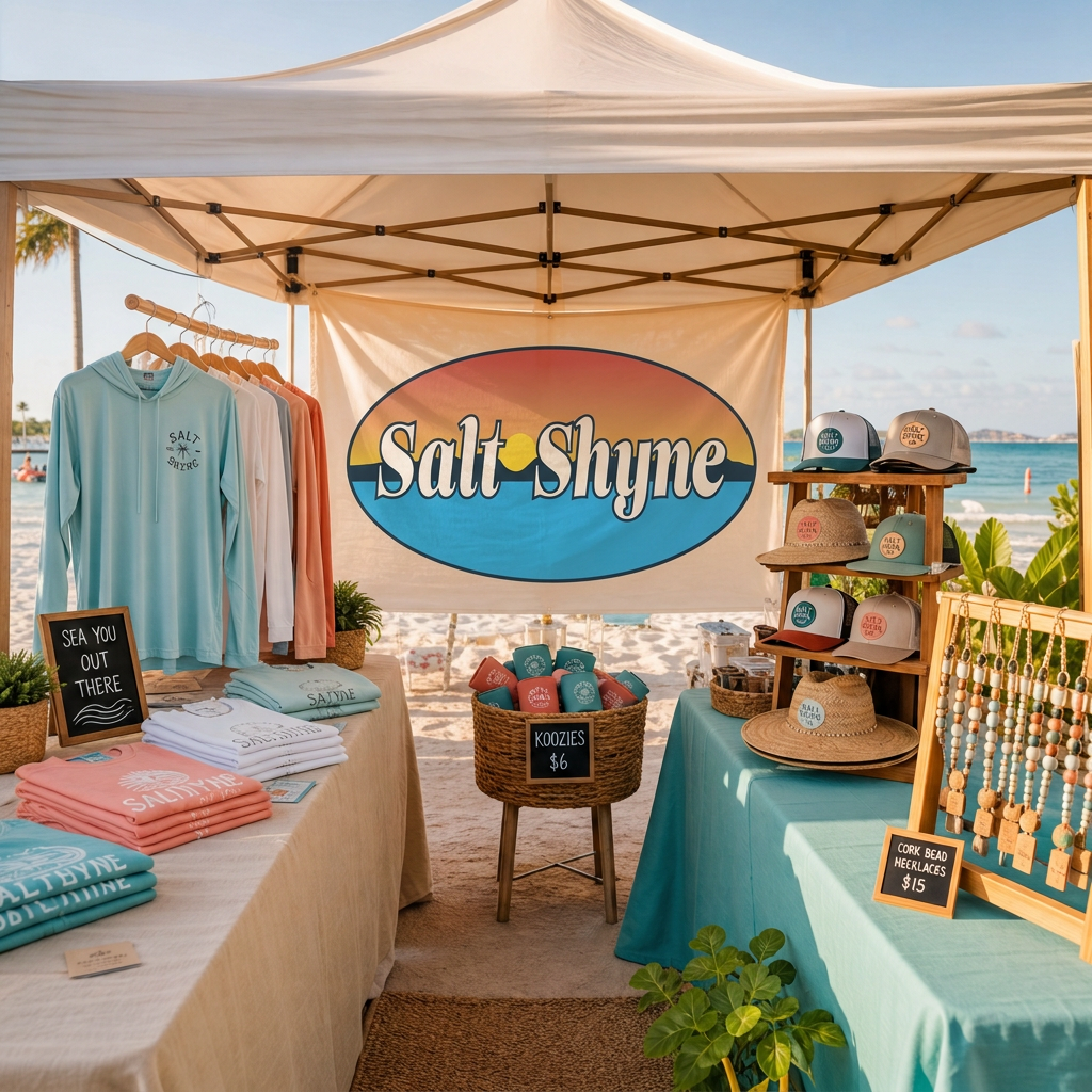 10x10 Salt Shyne Sun Collection beach market booth mockup with sunshirts, hats, koozies, and cork necklaces under the sunset badge banner
