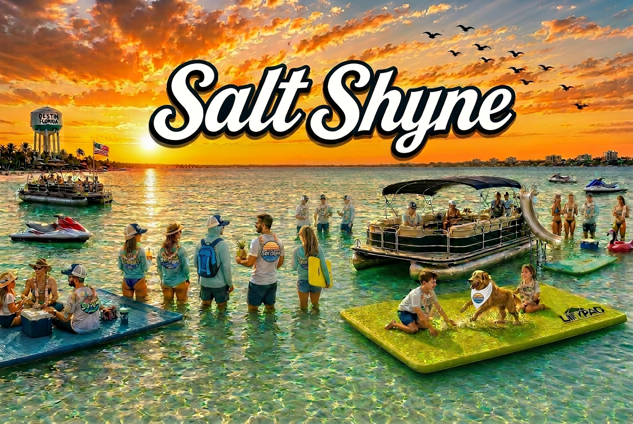 Sunset over the sandbar with boats rafted together on calm water