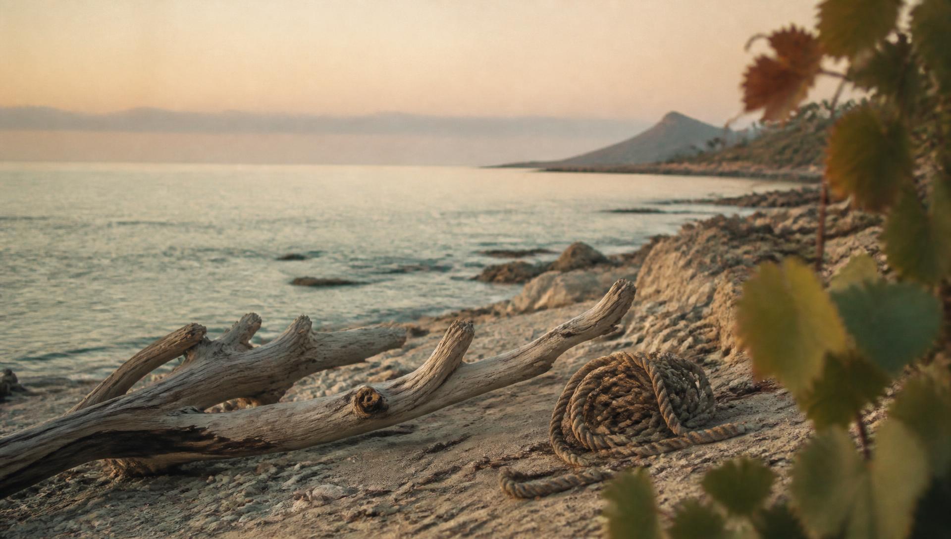 Driftwood and coiled rope on a quiet shoreline at golden hour