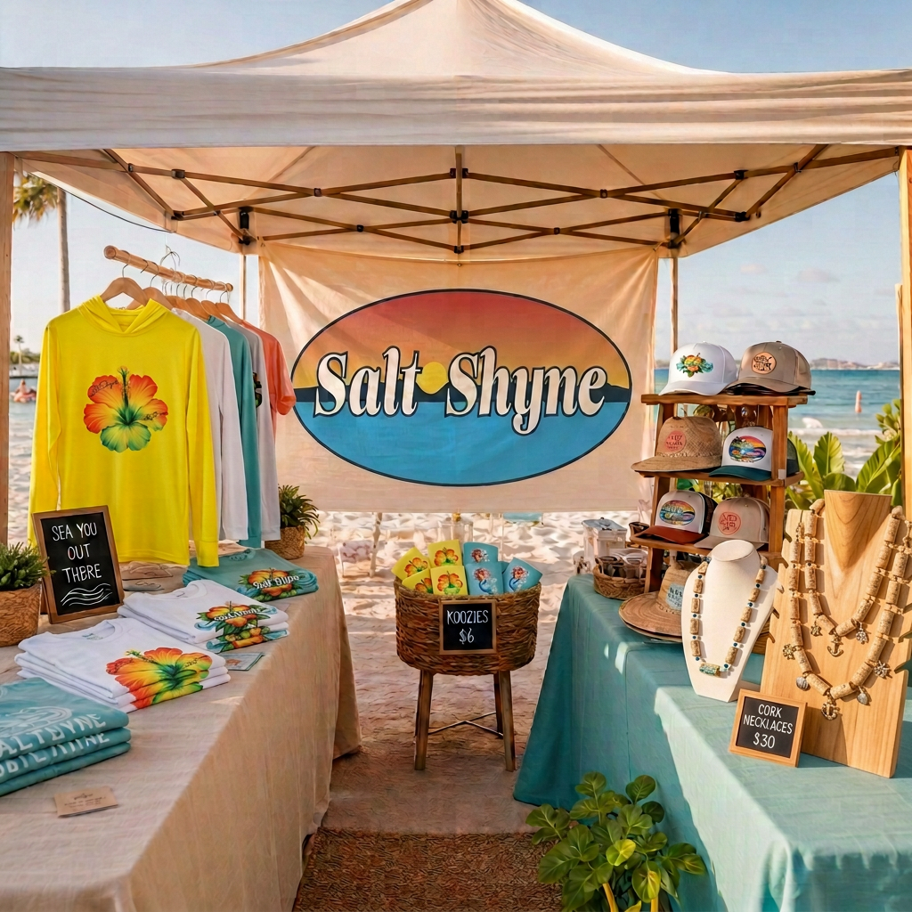 10x10 Salt Shyne Sun Collection beach market booth mockup with the yellow hooded hibiscus sunshirt, hibiscus tees, Salt Shyne trucker hats, koozies, and wine cork necklaces under the sunset badge banner
