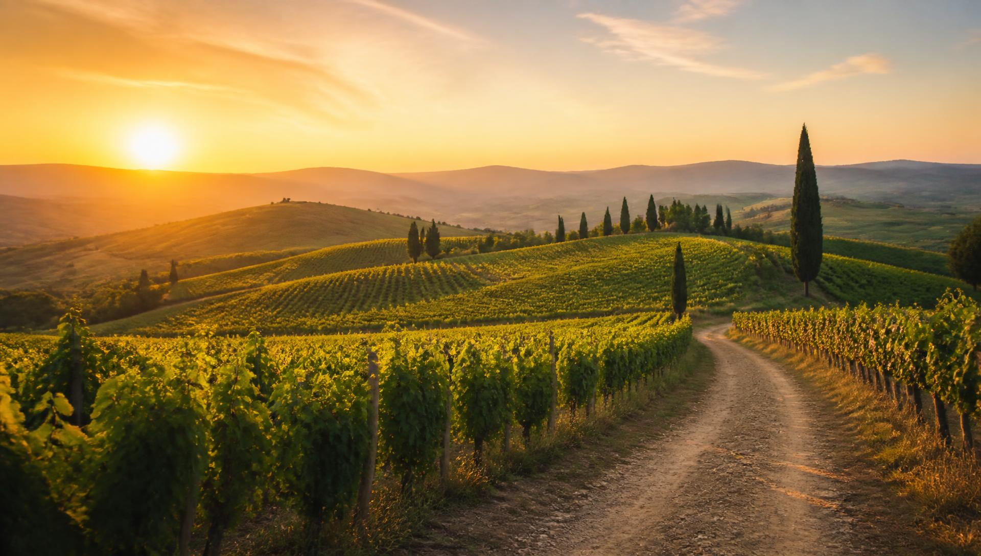 Rolling Tuscan vineyard hills at golden hour with cypress trees and vine rows