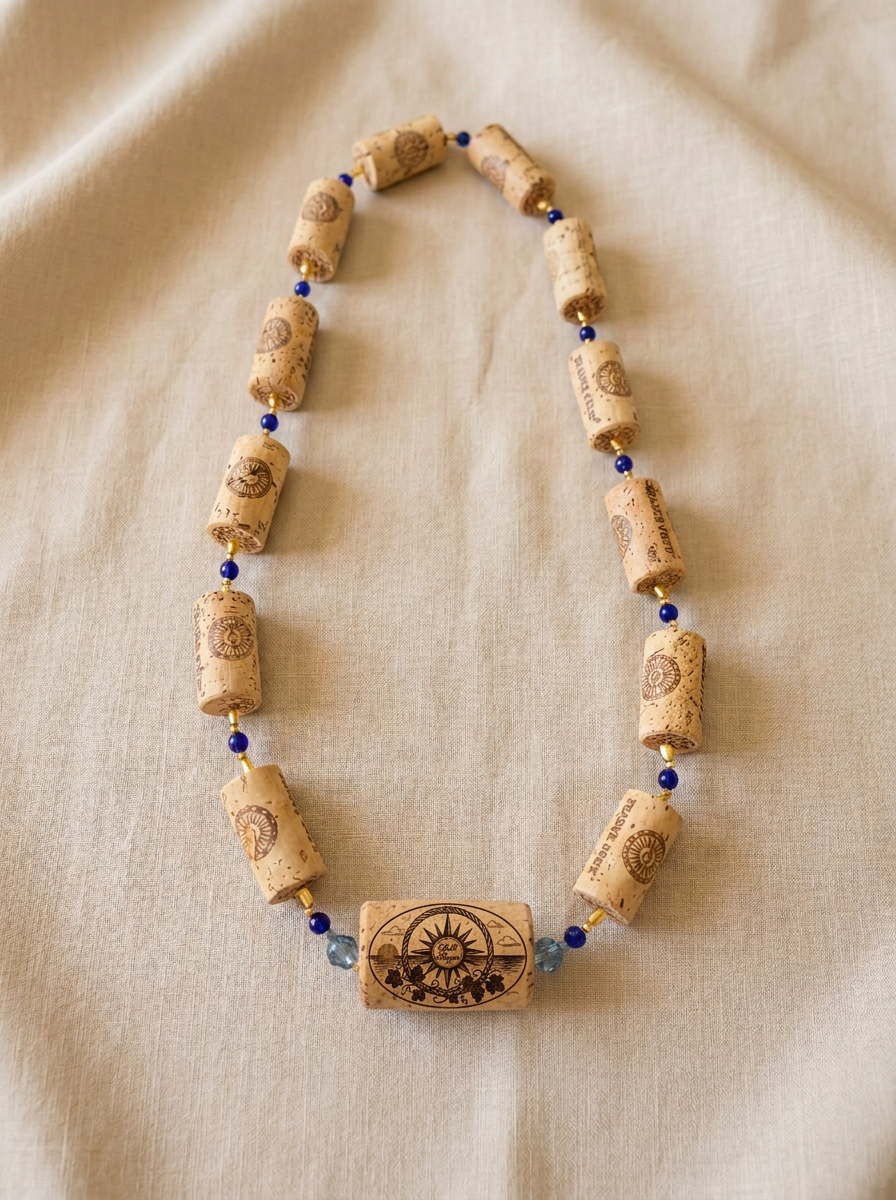 Handmade Salt Shyne & Vine cork necklace with wine corks, gold spacers, and blue glass beads on linen