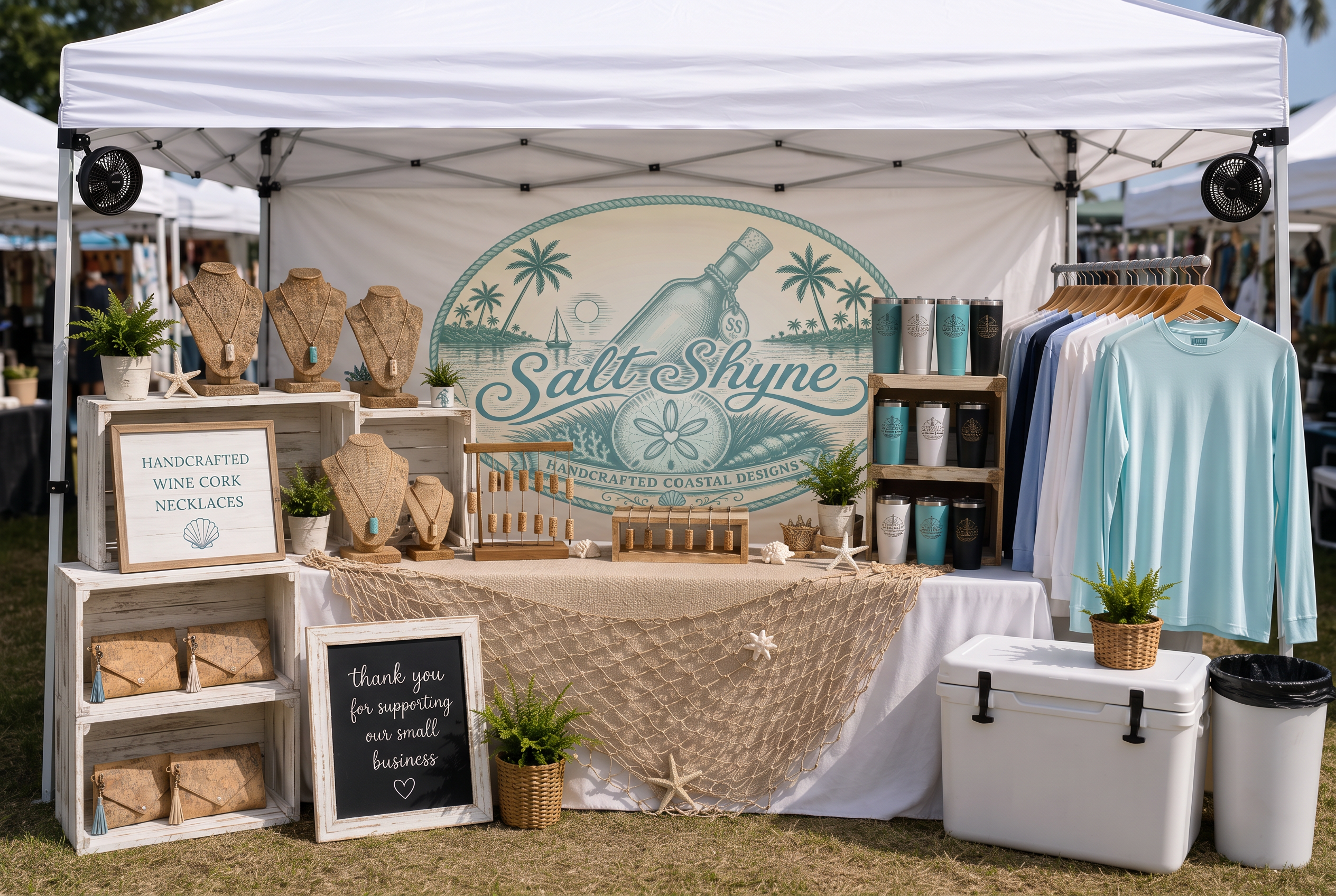 10x10 Salt Shyne Coastal Collection booth mockup with cork necklace displays, tumblers, sunshirts, and the horizontal Coastal Collection badge banner