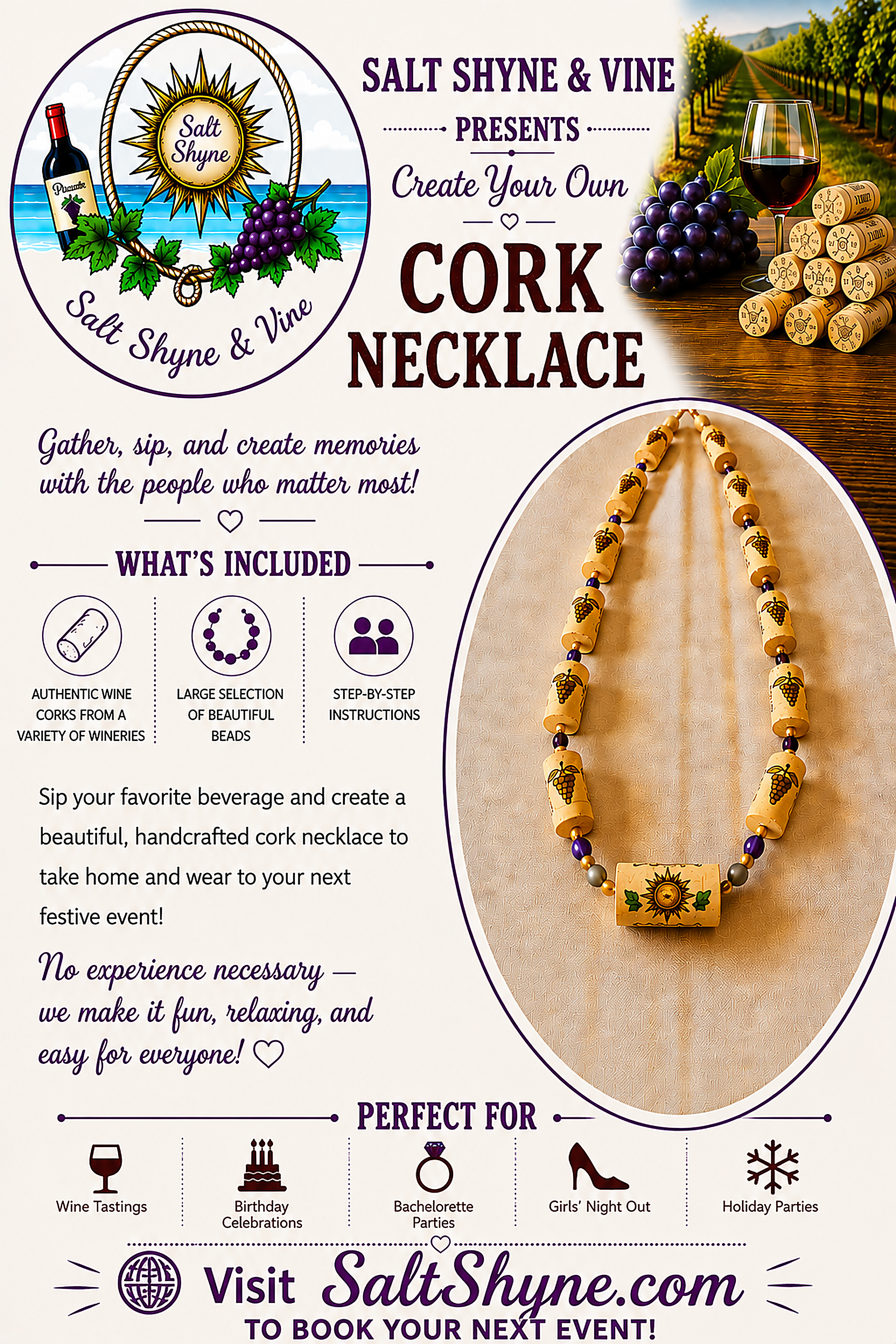 Salt Shyne & Vine presents Create Your Own Cork Necklace — what's included, who it's perfect for, and how to book at SaltShyne.com