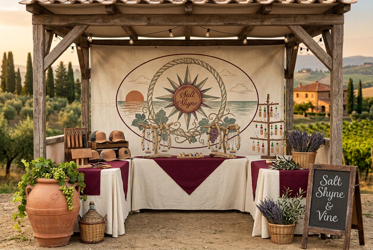 10x10 Salt Shyne & Vine festival booth mockup with cork necklace displays