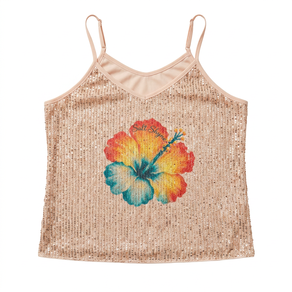 Peach Sequin Hibiscus Salt Shyne Tank