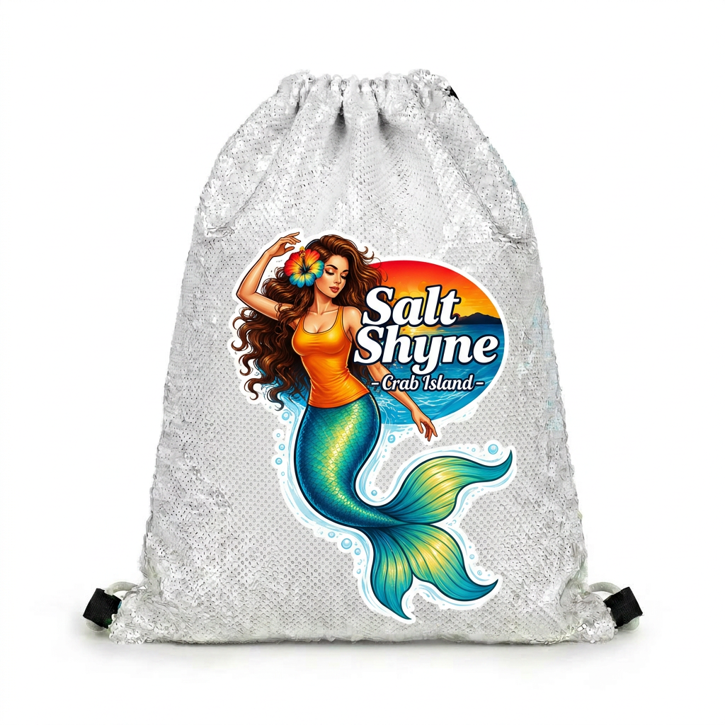 Crab Island Mermaid Sequin Drawstring Backpack