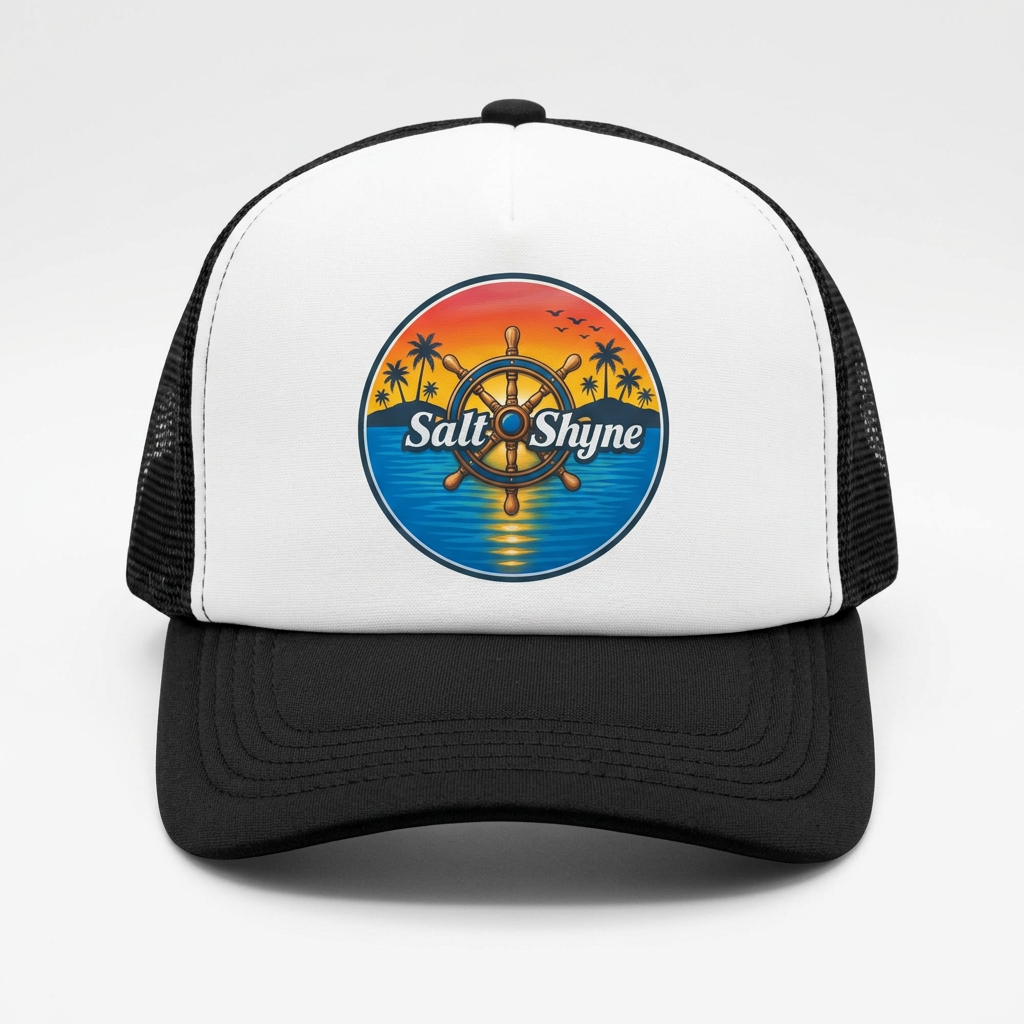 Salt Shyne Ship Wheel Black Trucker Hat
