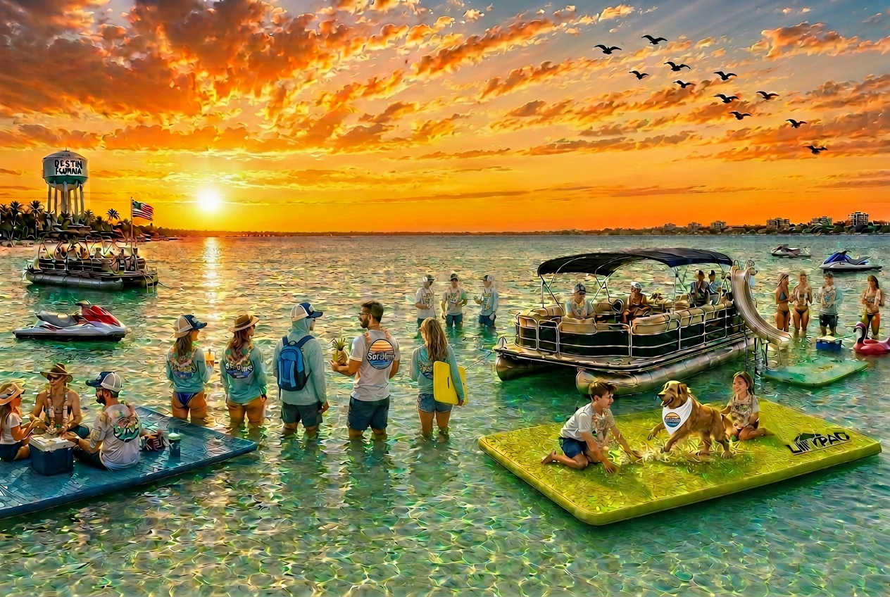 Salt Shyne crew on the sandbar at sunset