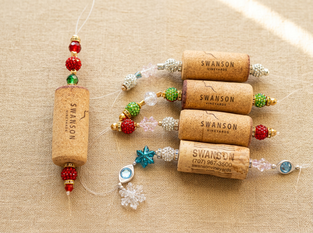 Custom Salt Shyne Christmas ornaments handmade from Swanson Vineyards corks, strung with sparkle beads.